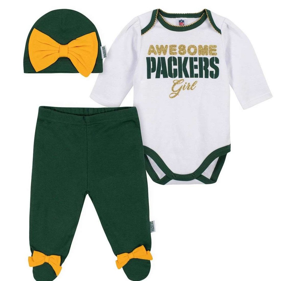 Kids * | Packers Infant Gerber Bow 3-Piece Bodysuit Set White & Green