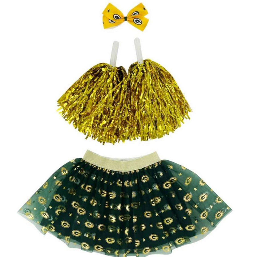 Kids * | Packers Girls Skirt, Bow & Poms Set Green & Gold